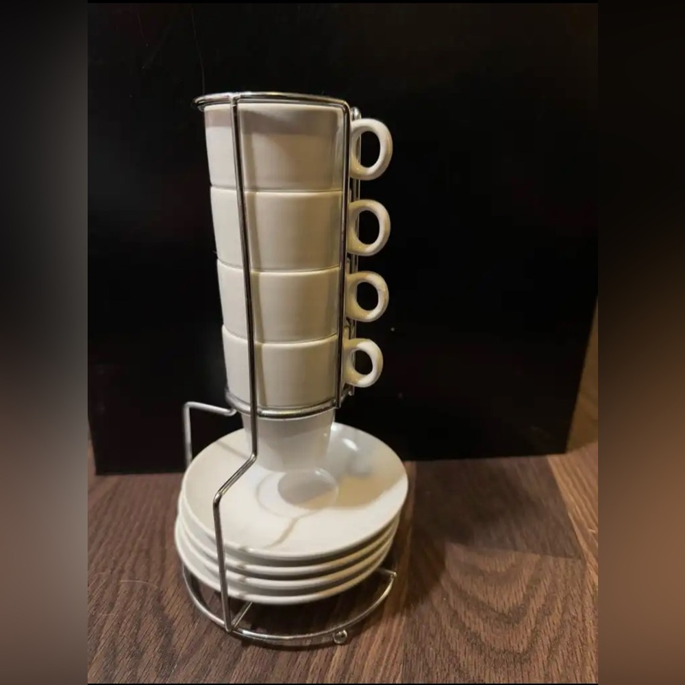 Pier 1 Espresso Cups & Saucers Set with Metal Stand White